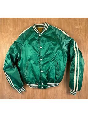 Vintage 80s Satin Letter Bomber Jacket basketball M B striped ribbing chenille